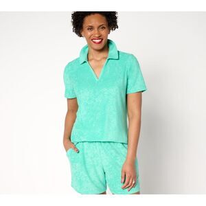 Maya J Women's Top Sz S Poolside Terry Slub Polo Green A688398